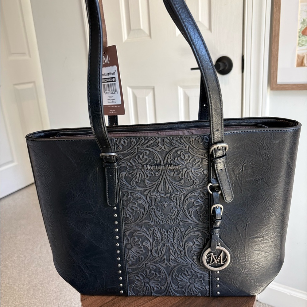 Montana West Black Floral Embossed Tote with Charm